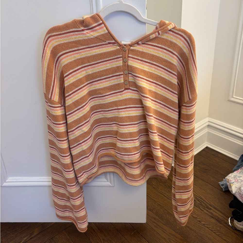 Roxy Striped Hooded Henley Sweater in Peach, Pink, Mustard, and Cream